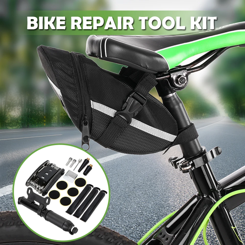 

Bike Repair Kit Tire Lever 120PSI Manual Pump 16-IN-1 Multi-functional Tool Bike Tire Rasp Patch Needle Repair Tools with Pouch