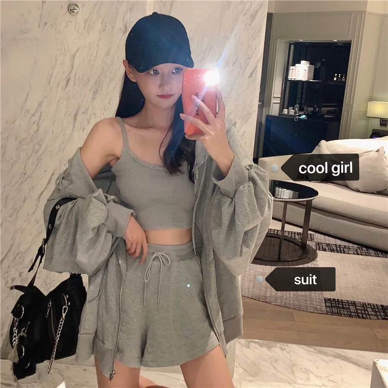 

Women Summer with Short Pants suit two Piece Set Outfits Cotton Solid two Piece Set Female Hooded Zipper Sweatshirts ka843