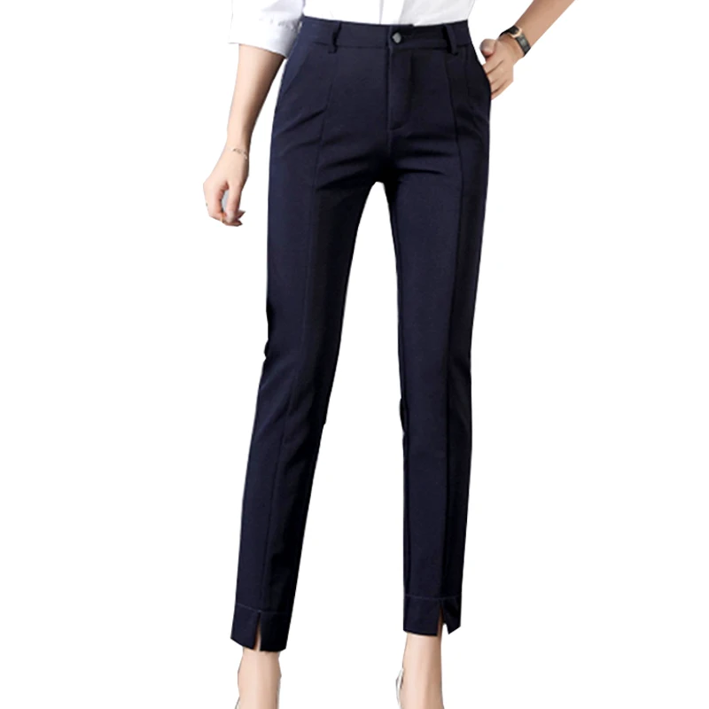 Женские узкие брюки осень, высокая талия, эластичные по щиколотку, рабочая одежда, женские офисные брюки, однотонные повседневные тонкие женские брюки - Цвет: Темно-синий