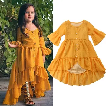 

1-6 Year Toddler Girl Princess Party Dress Solid Yellow Long Sleeve Toddler Long Dresses For Girls Ruffle Party Prom Beach Dress