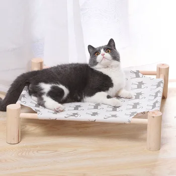 

Cat Bed with Solid Wood Four Legged Hammock for Cats Detachable and Washable Nest Kitten Hammock Printed Cat Pad Wooden Bed​
