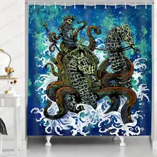 

Octopus Showe Curtain Horror Sea Animal Skull Nautical Blue Watercolor Bath Curtains Waterproof Cloth Bathroom Decor with Hooks