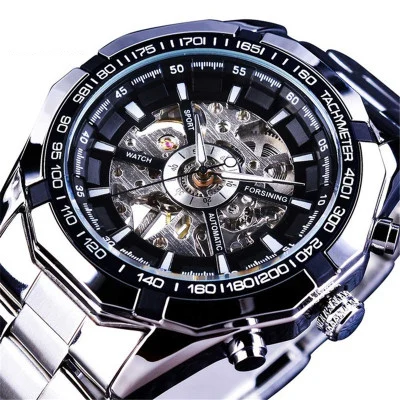 SliverBlack Winner Luxury Hollow Engraving Black Gold Case Leather Automatic Skeleton Mechanical Watches Men Luxury Brand Montre Homme Clock - Цвет: SliverBlack