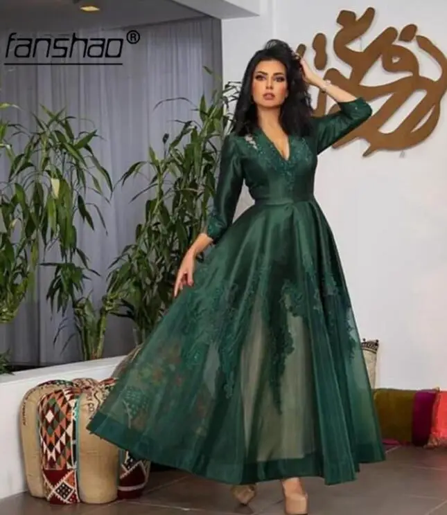 Темно-зеленые мусульманские Вечерние платья с v-образным вырезом Иллюзия аппликации Дубай Саудовская Арабский вечернее платье для выпускного вечера - Цвет: same as photo