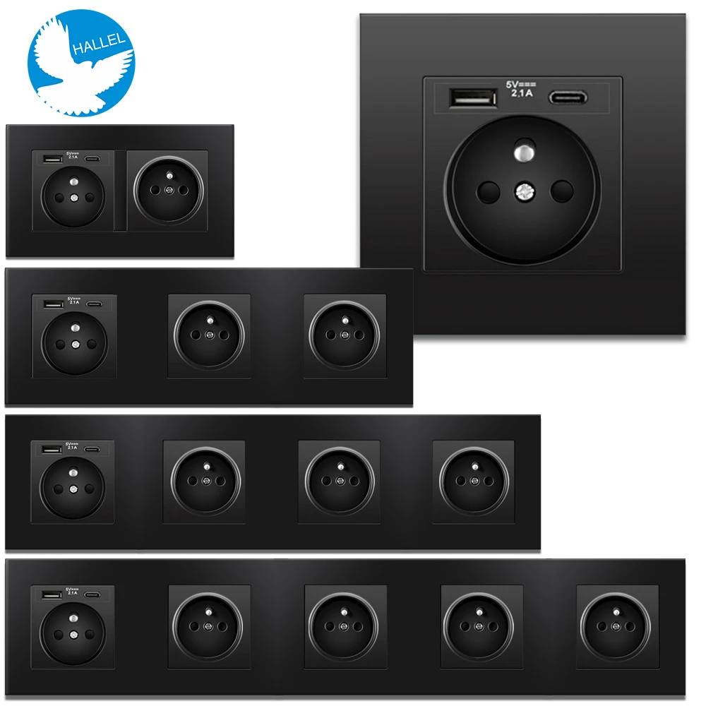 Multi Frame EU French Power Socket USB Type C 2A Rapid Charger Black