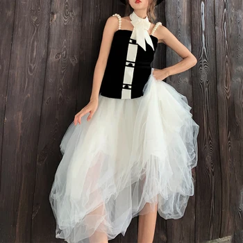 

Women 2020 Spring New Style Elegant Temperament Black White Vintage Soild Skirt Casual High Waist Mesh Irregular Ball Gown Skirt