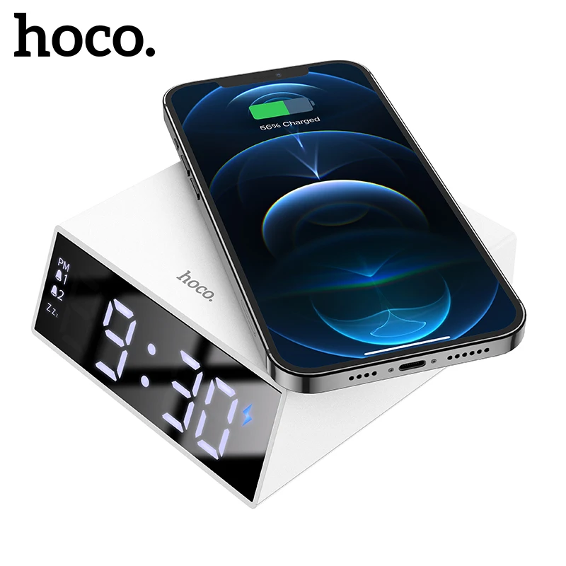 HOCO LED Desktop Alarm Clock Wireless Charger For iPhone 11 12 Pro Max Phone Charging Dock Station Snooze Timable Alarm Clock