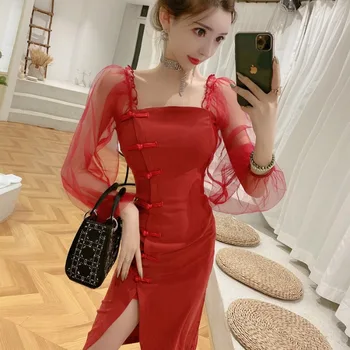 

2020 Summer New Lady Vintage Fashion Cheongsam Gown Mesh Stitching Long-sleeved Chinese Style Package Hip Sexy Split-fork Dress
