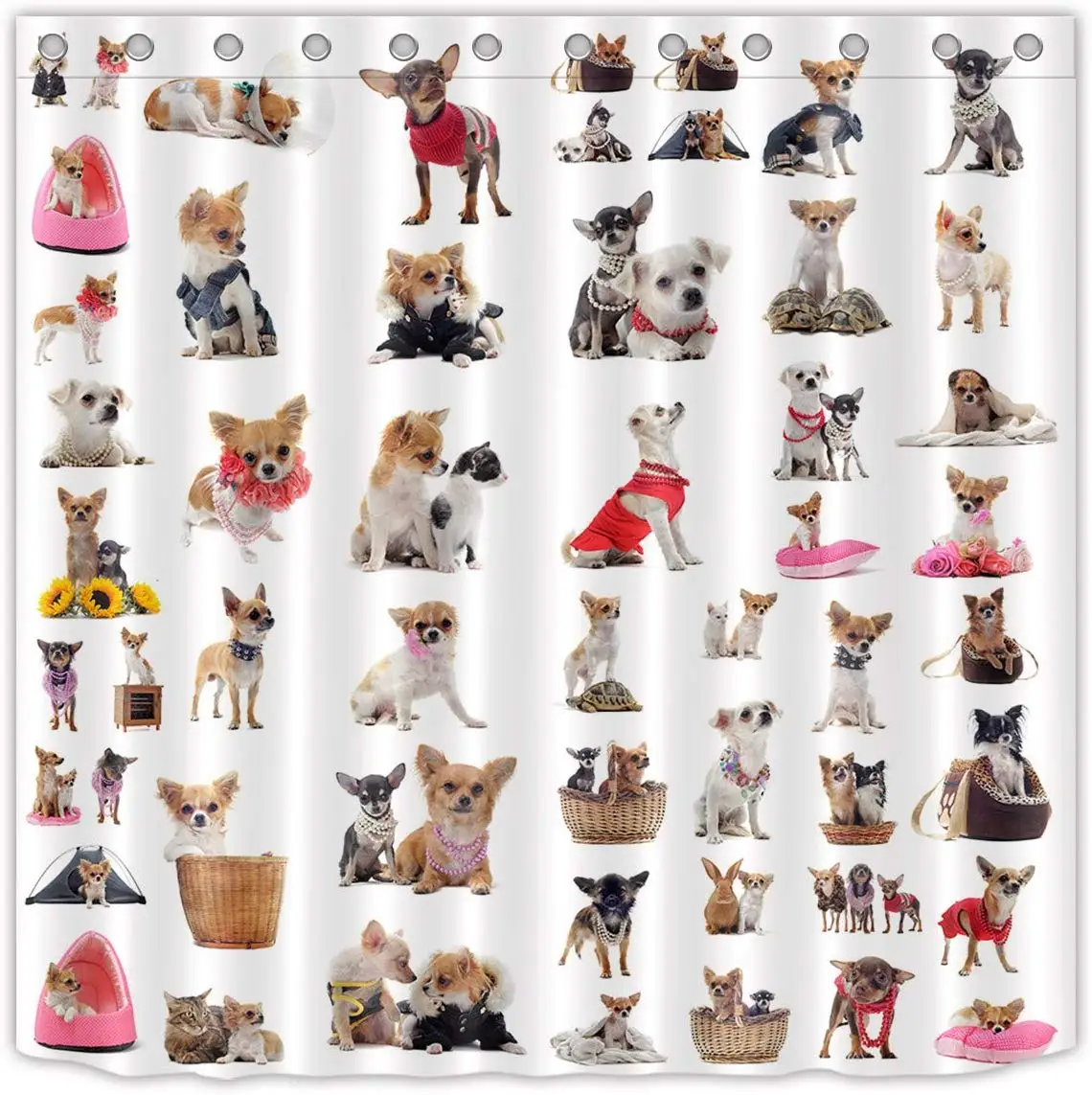 Cute Chihuahua Pug Pattern Print Stall Shower Curtain Set Pet Dog Theme Decor