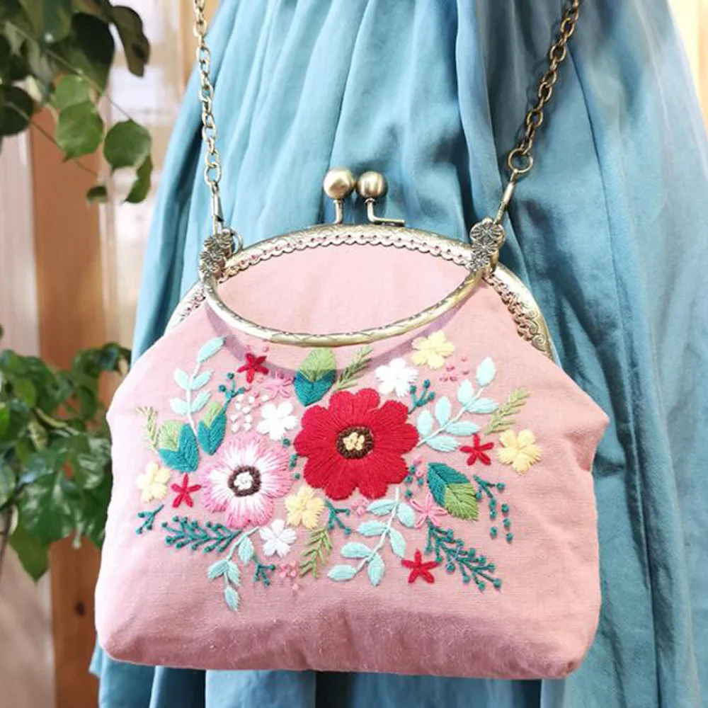 3D DIY Ribbon Embroidery Bag Set with Hoop Handmade Needlework Kits Cross  Stitch Chain Bag Swing Purse Wallet Creative Gift