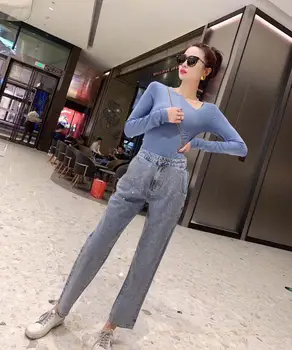 

Diamonds Bling Denim Jeans Pants Women Korean Style Casual Fashion Runway High-end Hot Blue Cotton Pants 2020 Summer New Pants
