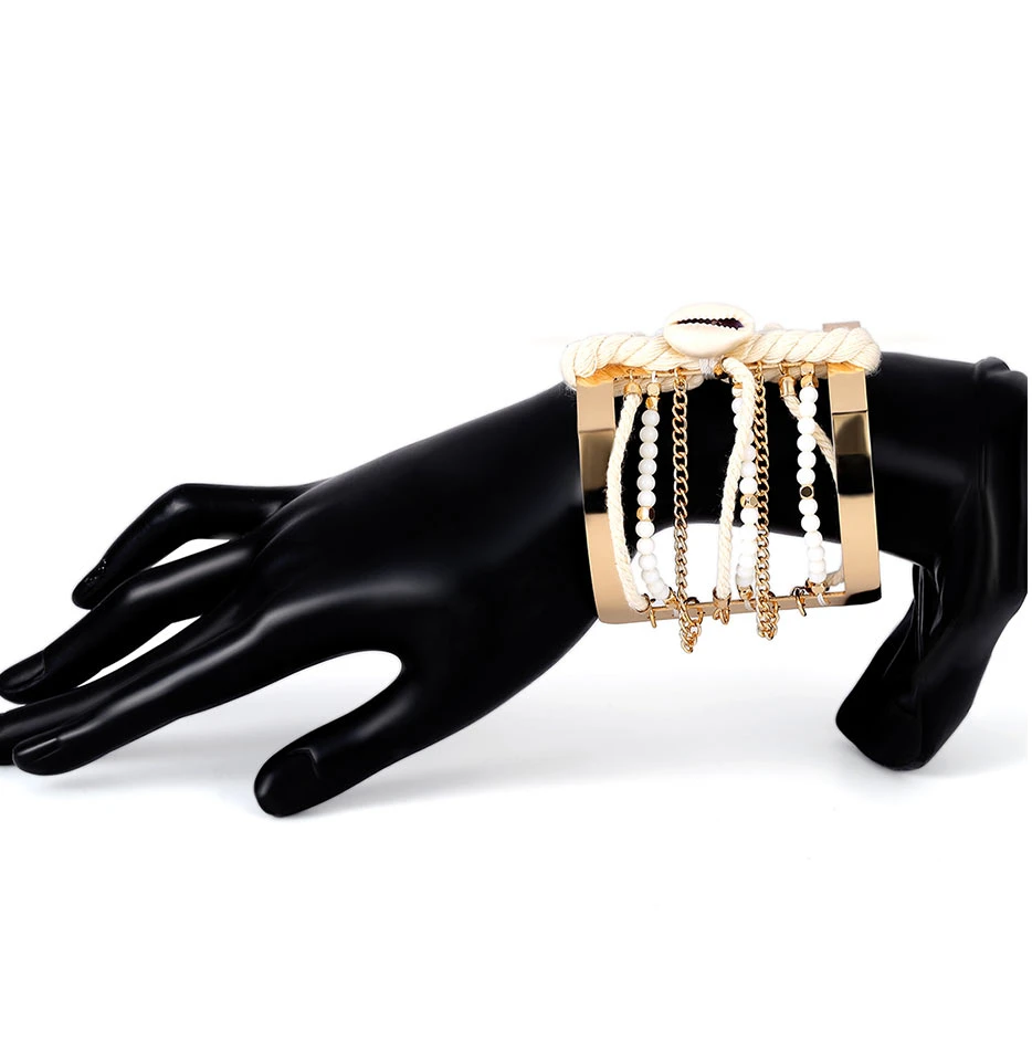 Youvanic панковские Этнические браслеты с широкими манжетами, женские браслеты с бусинами, браслет из золотого сплава, открытая толстая веревка, браслет, ювелирное изделие 0392