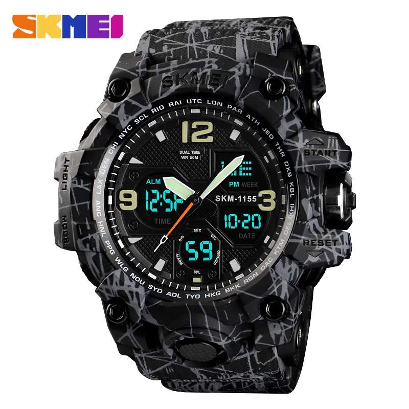 Джинсовые стильные роскошные Брендовые мужские спортивные часы SKMEI, водонепроницаемые цифровые кварцевые часы, мужские военные армейские часы, мужские часы - Цвет: Grey Black