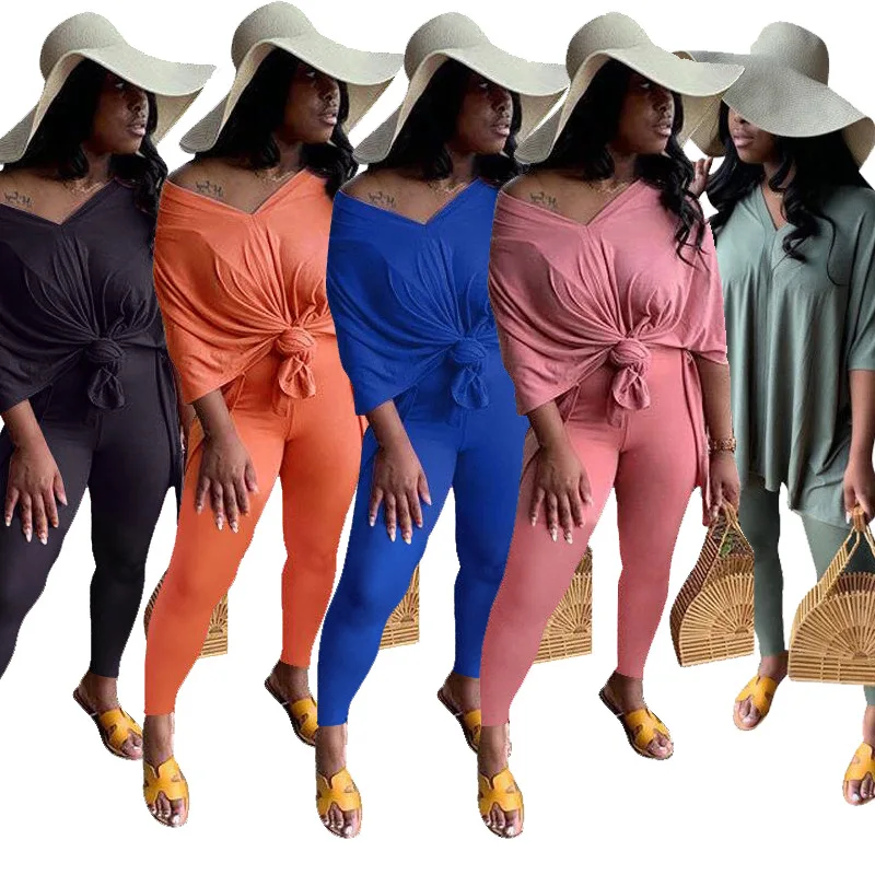 

2020 New Arrival Casual Suit European and American Fashion Women's Solid Color T-shirt Pants Two-Piece Set