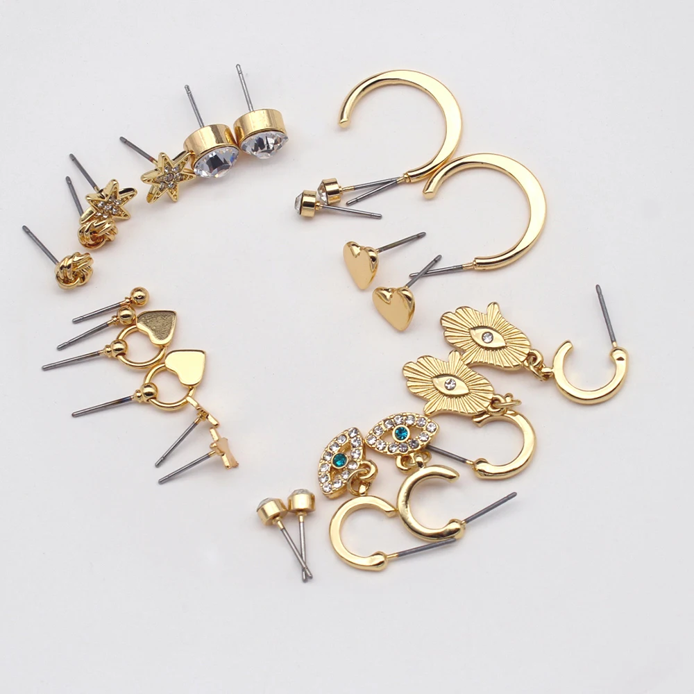 Small Earring Set 3 Pairs of Stud Women's Heart Statement Ear Star Hoop The Devil's Eye Diamonds Crystal Ball Simple 202128