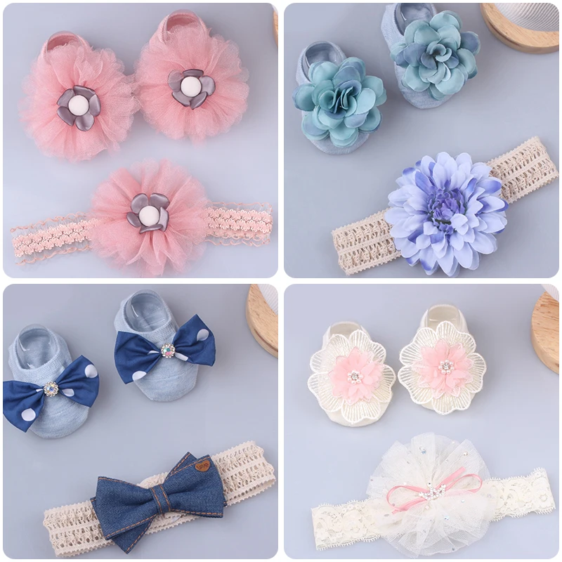 2 unids/set lindo bebé niña diadema calcetines encaje conjunto de lazos con flor corona diademas para recién nacidos niñas diadema turbante bebé accesorios para el pelo
