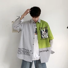 Весна-Осень, новая популярно среди молодежи, полосатая Лоскутная рубашка с длинными рукавами и принтом кролика, зеленый/синий m-xl