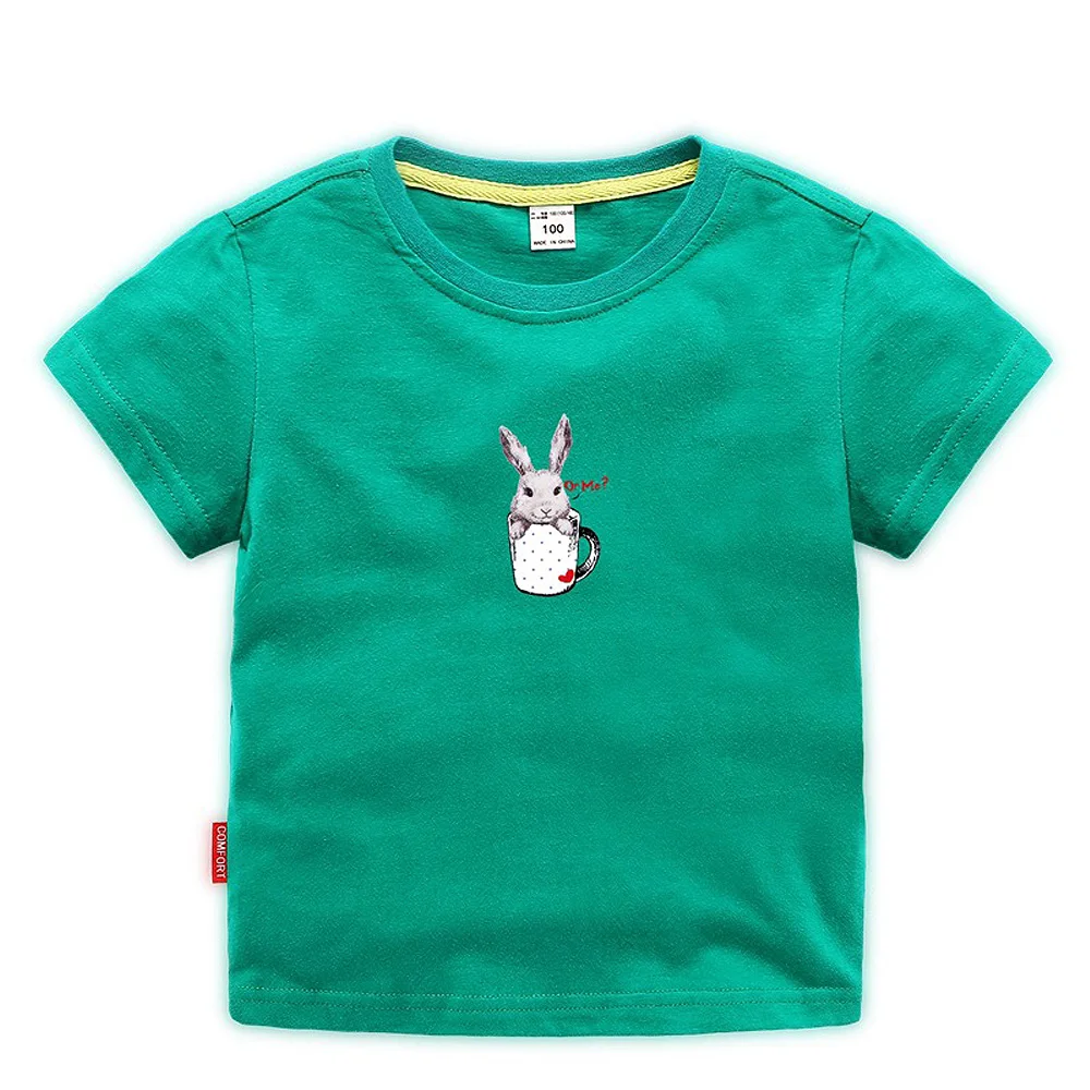 Летняя детская Рождественская одежда хлопковая однотонная Детская Повседневная футболка с короткими рукавами и принтом кролика для маленьких девочек Футболка - Цвет: Зеленый