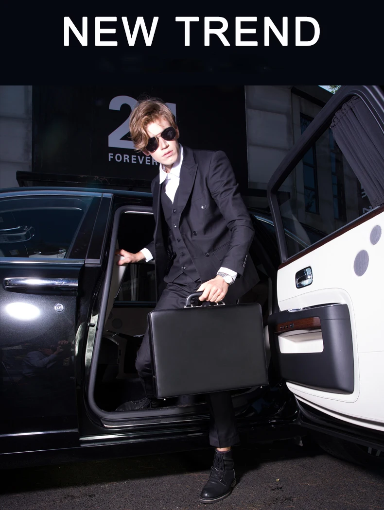 Роскошный кожаный мужской портфель, расширяемый чехол для ноутбука с паролем, многофункциональный набор инструментов, Модный чехол для костюма, черный