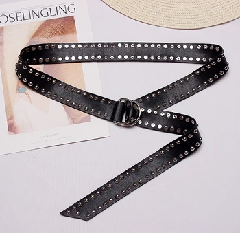 

Long Soft Double Faced PU Waist Belt Women Full Rivet Studded Leather Waistband Ring Buckle Adjustable Corset Strap Girdle Belt