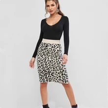 Осенне-зимняя женская модная леопардовая юбка, женская тонкая хлопковая Юбка До Колена с высоким поясом и разрезом сбоку, один размер, ropa mujer