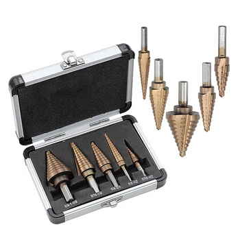 

Yalku Tool Drill Bits HSS Coated Step Drill Bit Power Tools Metal High Speed Steel Wood Hole Cutter Cone Drill 5pcs/Aluminum box
