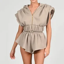 

2021 Summer New Fashion Temperament Solid Color Leisure Suit Women's Loose Bat Sleeve Shoulder Pad Hoodie Sports Shorts Set