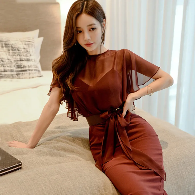 

2019 Summer Transparent Lace wang sha xiu V Camisole Belt Waist Hugging Back Slit Slim Fit Sheath Dress
