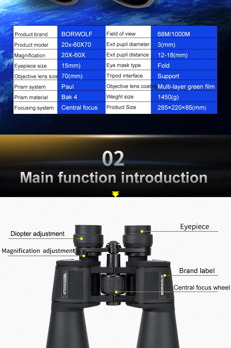 left handed tape measure 2021 New Borwolf Binoculars 20-60X70 Hight Definition  waterproof  Military  Telescope for Bird watching Hiking Hunting Sport 1 micrometer