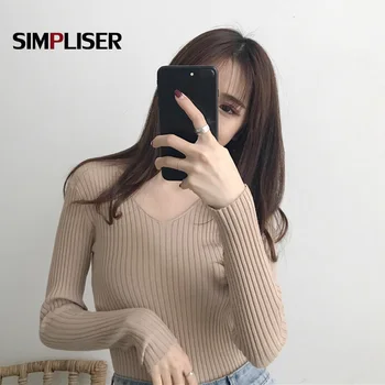 

Slim Fit Women Pullovers V-neck Stretch Ladies Fashion Knitting Tops Pink White Black Bottoming Shirts Knit Long Sleeved Tops