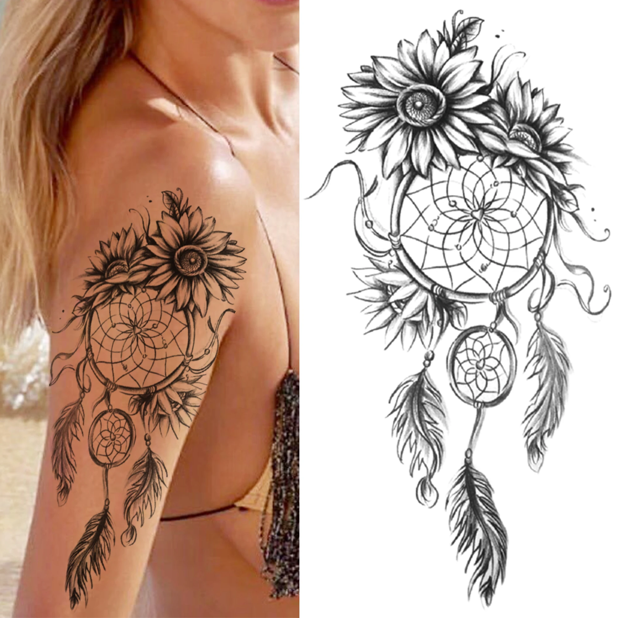 Hannah Waterproof Temporary Tattoo Sticker Black Dream Catcher Sunflowers  Totem Fake Tattoos Flash Tatoos Arm Body Art for Women