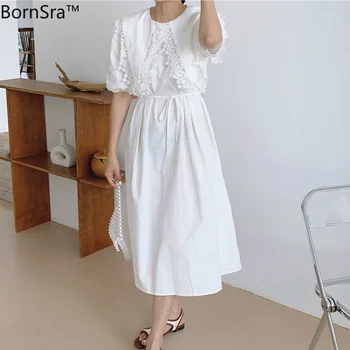 

Bornsra 2020 Summer Lace Collar Regular Mid-Calf Short Elegant Dress A-Line Preppy Style Black/White Woman Dress Female