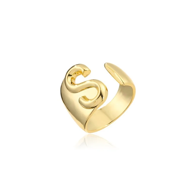 Gold Color Ring Finger Ring Adjustable Rings A-Z Letter Metal Adjustable Opening Ring Initials Name Alphabet Female Party Chunky Wide Trendy Jewelry