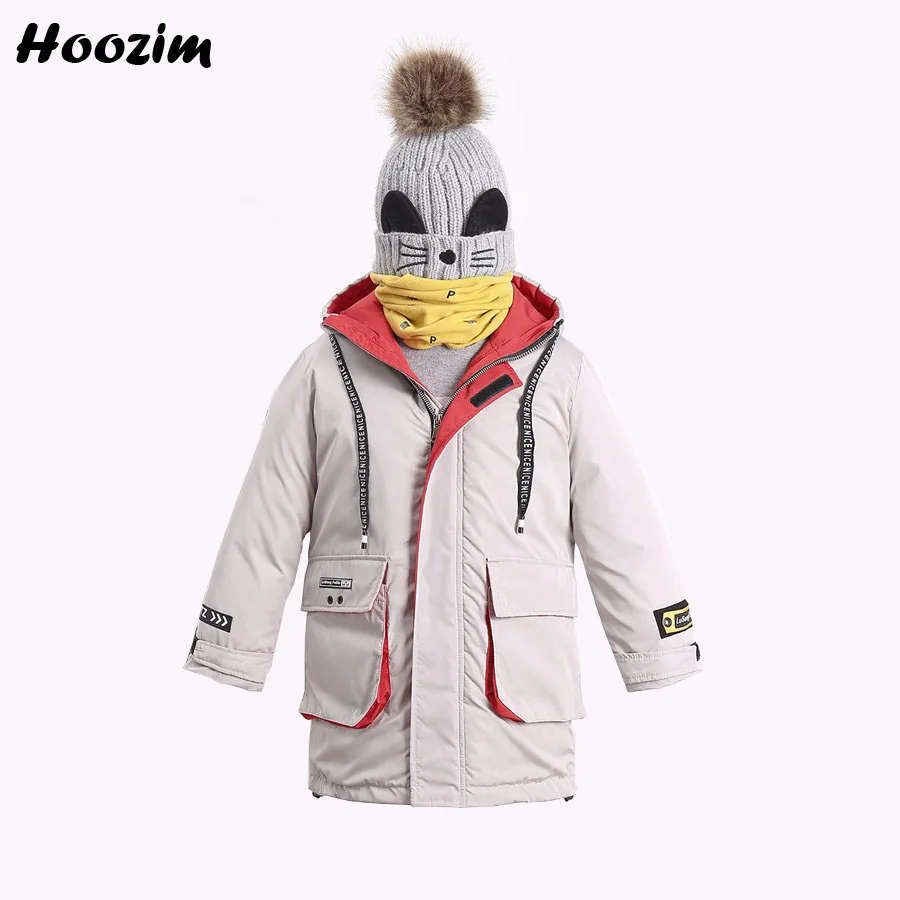 

2019 European Beige Long Jacket For Girls 6-12 Years High Street Letter Hooded Parka Children Winter Yellow Outerwear Coat Boys