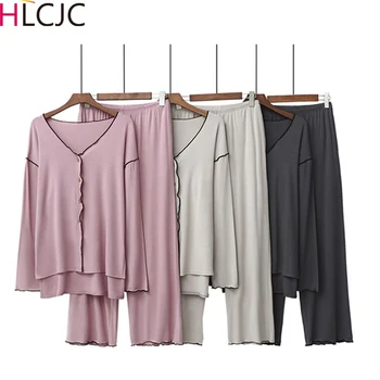

2020 Spring Autumn Pajamas Womens New Cotton Long Sleeve Large Size Pijama Mujer V-Neck Splicing Loungewear Women Home Clothes
