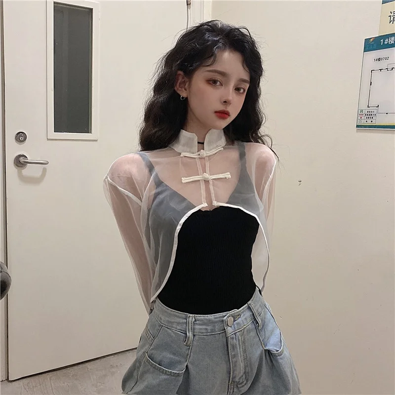 Women Chinese Shirt Chinese Style Clothing Women Fashion Mesh Transparent Tang Suit White See Through Asymmetric Shirt Cheongsam Top 10464 women cheongsam waistcoat