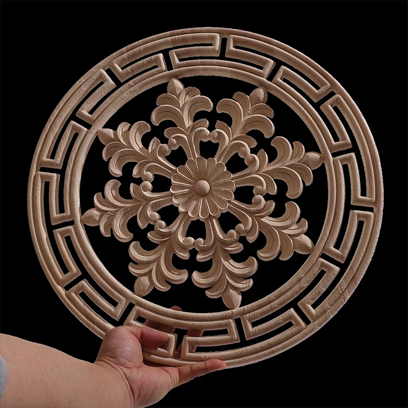 Round Wood Applique Wood Decal Mouldings Onlay Unpainted European Carving Long Floral Wooden Furniture Decoration Corner