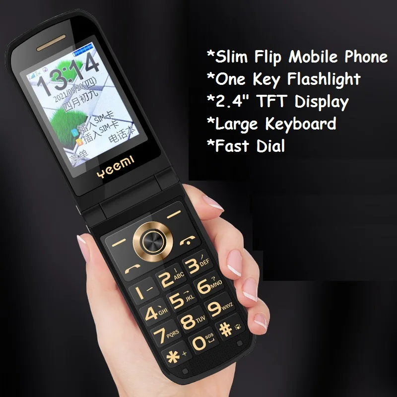 Flip Senior Slim Metal Mobile Feature Phone Pulsante Grande Clamshell Style Sos Call Quadrante Rapido Chiave Russa Led Torch Camera 2G Gsm