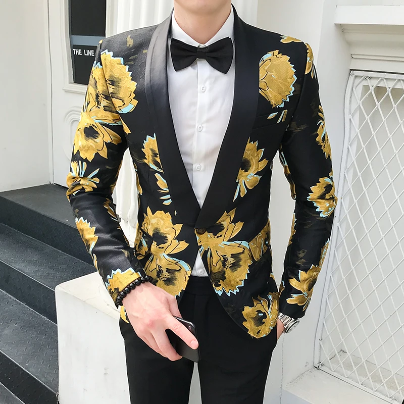 

Vestido Para Festa De Casamento Yellow Flowers Printed Blazers Men Stage Performance Jackets Mens Fashion Wedding Party Dress