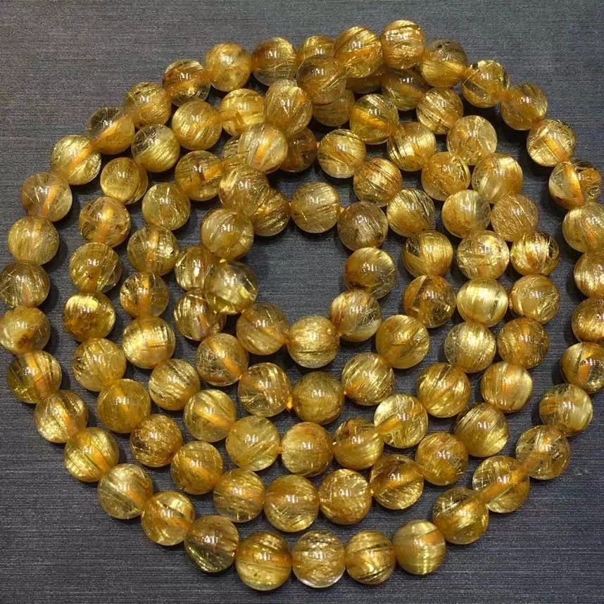 

Natural Gold Rutilated Quartz 3 Laps Bracelet Brazil 5.2mm Clear Round Beads Women Big Size Bead Wealthy Stone AAAAAAA