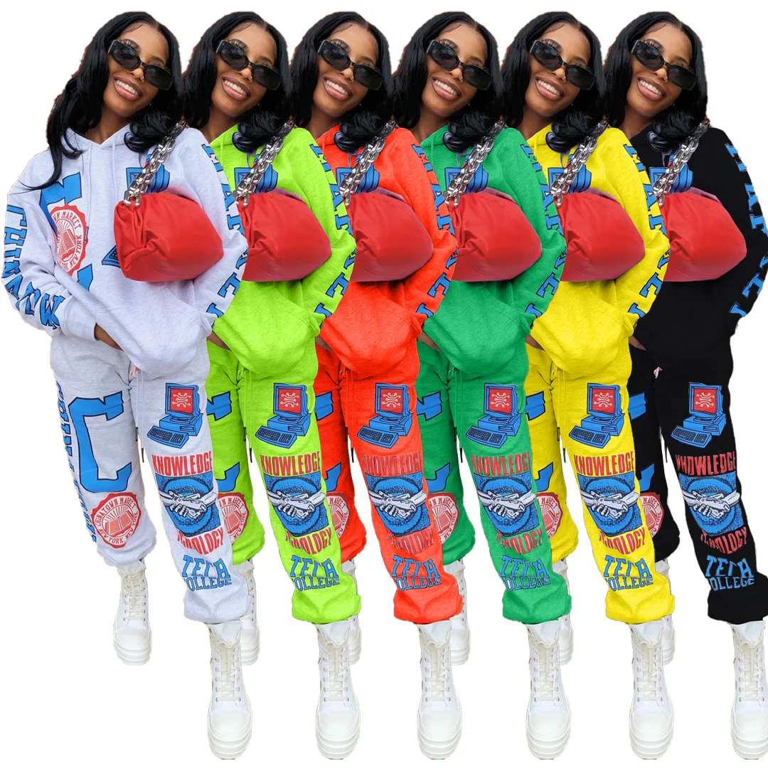 

Autumn Sporty Cartoon Letter Women Set Hoodies Jogger Pants Suit Activewear Tracksuit Two Piece Set Print Fitness Outfit