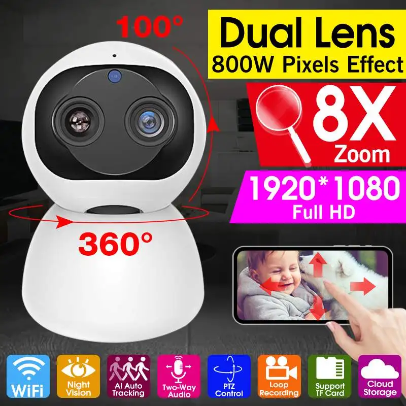 

8X Zoom 8MP Smart Dual Len WiFi IP Camera 1080P HD Auto Tracking PTZ Night Vision Camera Home Security Surveillance Baby Monitor