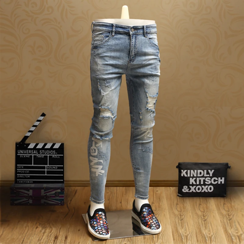 Streetwear Skinny Ripped Jeans Men Light Blue Jean Pants for Cowboys Men PSMJ73