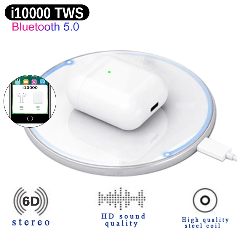 

Newest i10000 TWS Earphone Bluetooth 5.0 Wireless Charging Earbuds Touch Control Headset Pop Up 1:1 PK i12 i500 i2000 Earphone