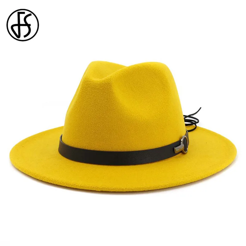 FS, шерстяной джазовый головной убор, мужская шляпа с большими полями, Панама, фетровая шляпа для женщин, зимняя черная, желтая, розовая, Трилби Дерби, бордовая, красная фетровая шляпа с поясом