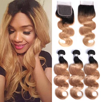 

Ombre Peruvian Human Hair Bundles With Closure 1B 27 Honey Blond Wavy Body Wave Bundles With Closure Remy Closure With Bundles