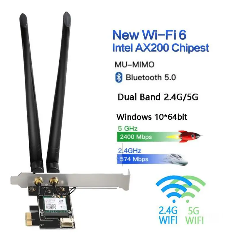 Двухдиапазонная 2,4G/5G 3000Mbps беспроводная сетевая карта PCIE Wifi адаптер для настольных ПК с Intel WiFi 6 AX200 Bluetooth 5,0 802.11ax