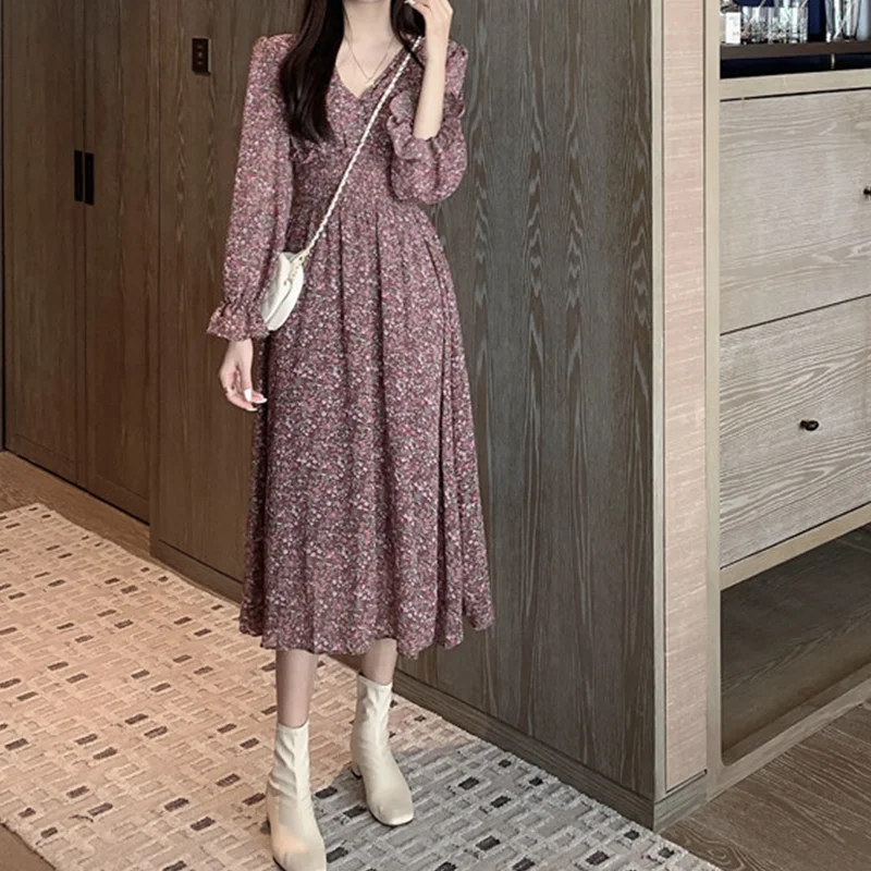 Maxi Boho Floral Print Dress Women Long Sleeve Robe Casual Beach Sundress Korean Slim Ladies Women New Fashion Dress Vestidos