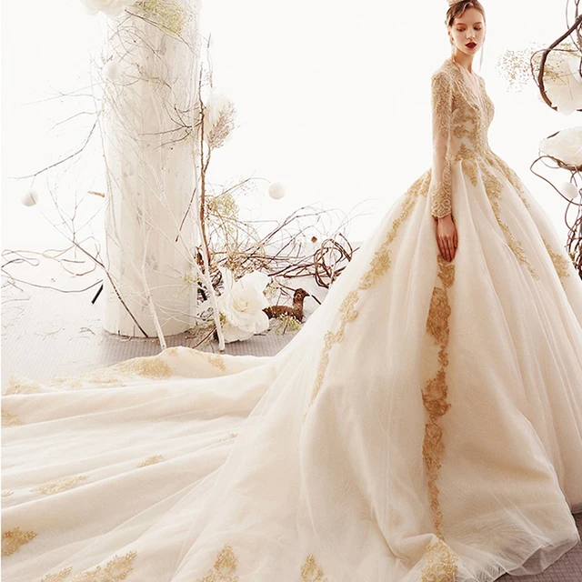 LDR08 Champagne Long Sleeve Bridal Wedding Dress 2021 Applique Printed Pattern Transparent V-neck Pettiskirt свадебное платье 3
