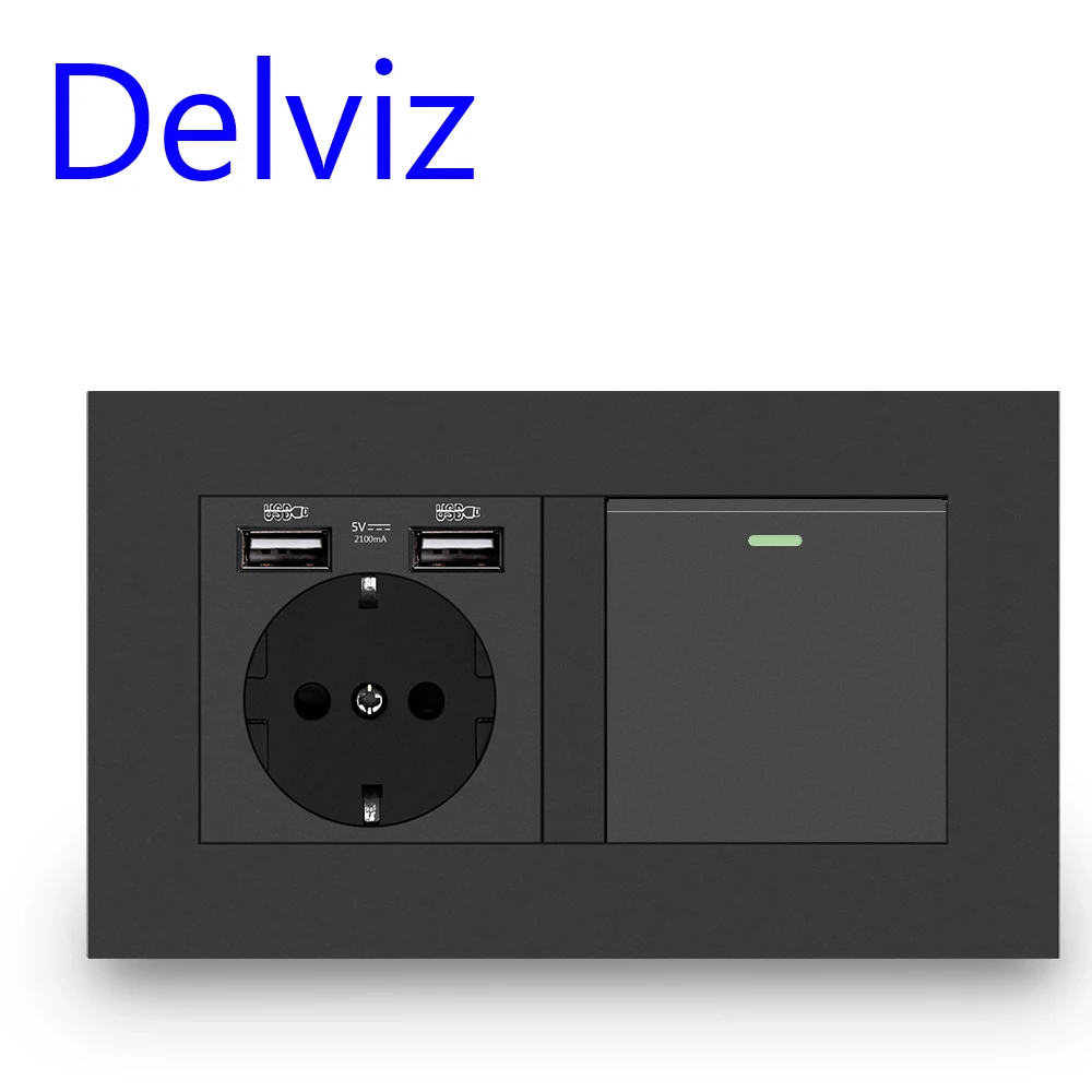 Delviz 침실 조명 스위치, 스위치가 있는 EU 듀얼 프레임 16A 전원 소켓, 흰색/검정색/회색 패널, 벽 USB 포트 전기 콘센트